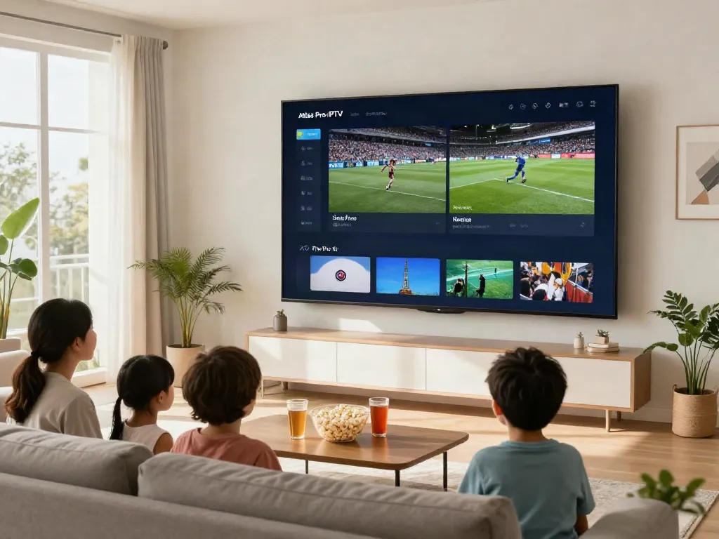 Image d'une famille regardant Atlas Pro IPTV dans un salon lumineux avec une atmosphère accueillante.