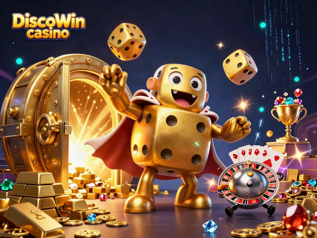 Jouez chez DiscoWin casino avec des dés dorés géants et des trésors scintillants.