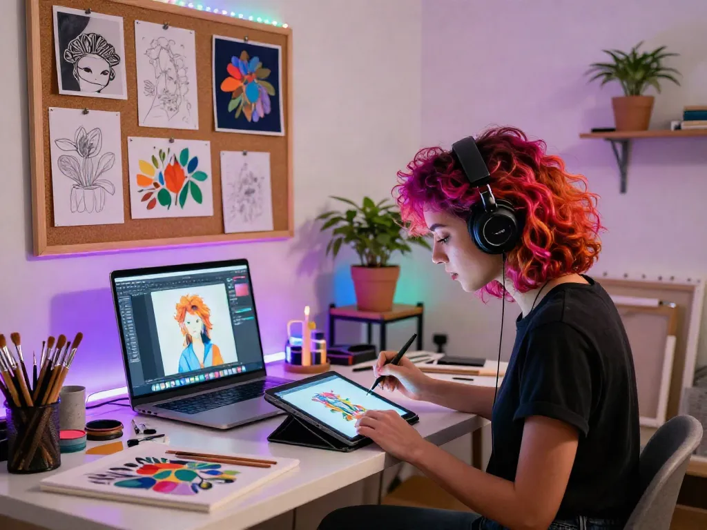 Artist creating innovative NSFW AI-generated art in a vibrant home studio.