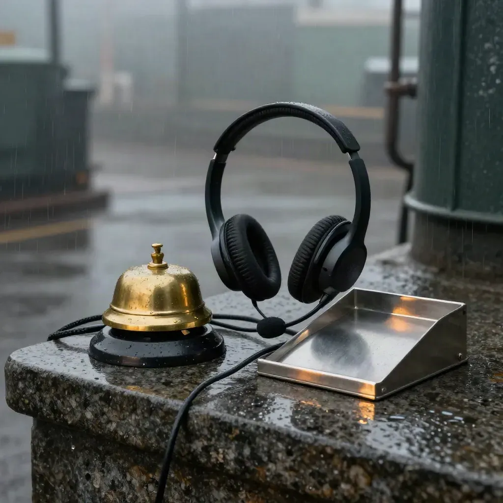 Casque d’assistance noir, cloche en laiton, câble tressé et bac métallique sur pierre humide.