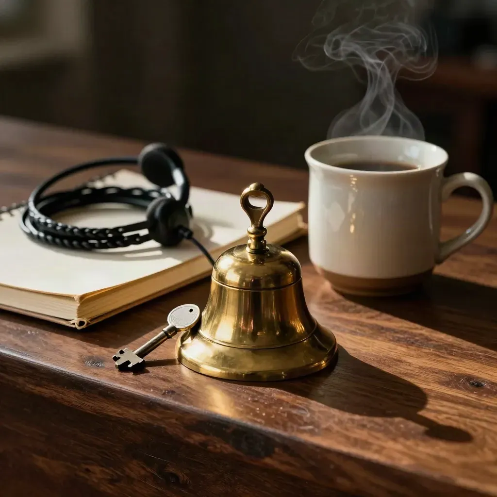 Cloche de service en laiton, carnet fermé, câble tressé et mug fumant sur bois sombre.