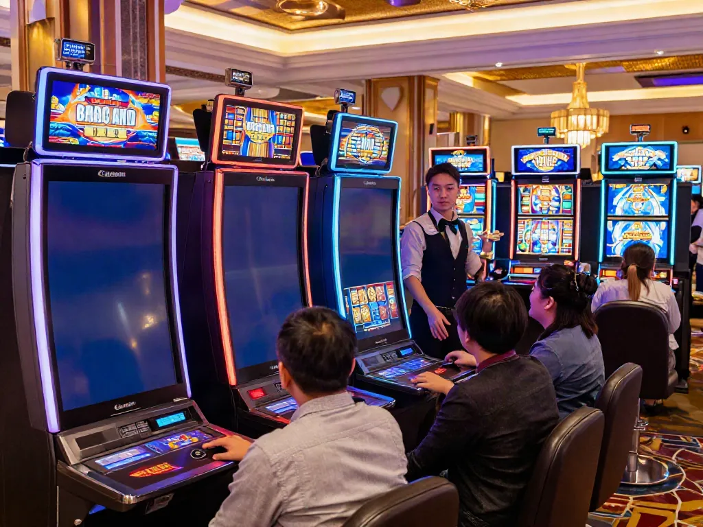 Ambiance animée du casino i24Slots, joueurs aux machines à sous colorées.